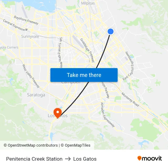 Penitencia Creek Station to Los Gatos map