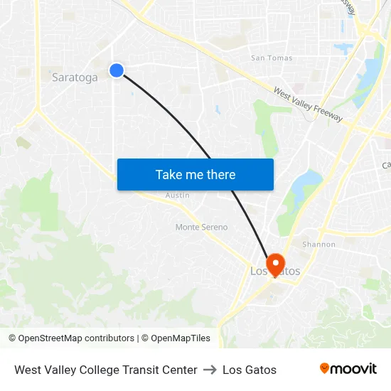 West Valley College Transit Center to Los Gatos map