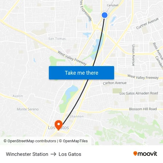 Winchester Station to Los Gatos map