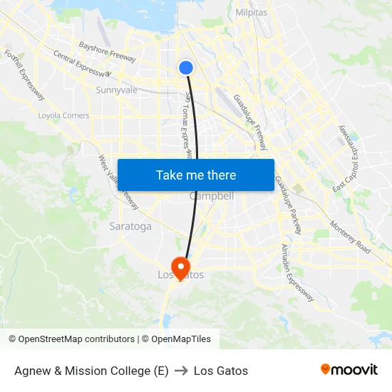 Agnew & Mission College (E) to Los Gatos map