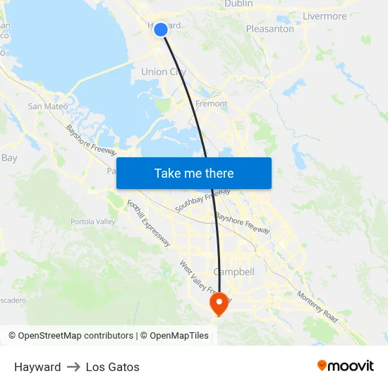 Hayward to Los Gatos map