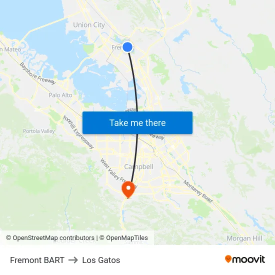 Fremont BART to Los Gatos map
