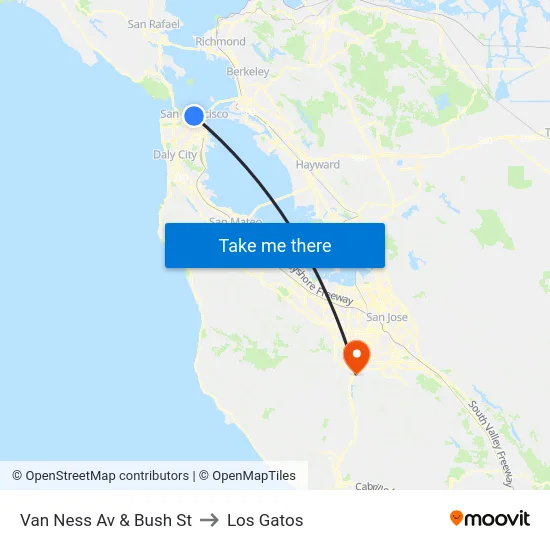 Van Ness Av & Bush St to Los Gatos map