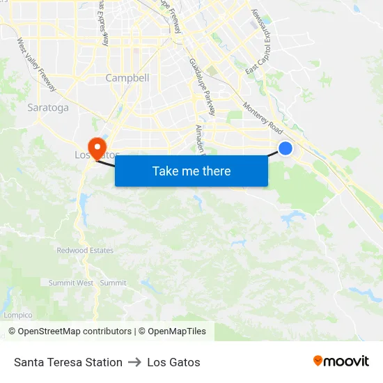 Santa Teresa Station to Los Gatos map