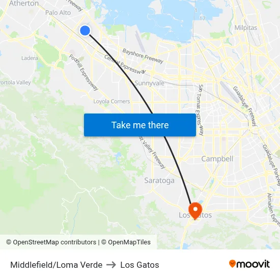 Middlefield/Loma Verde to Los Gatos map