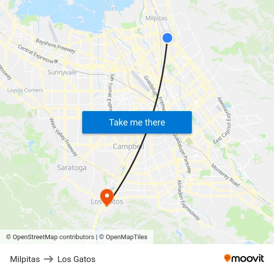 Milpitas to Los Gatos map