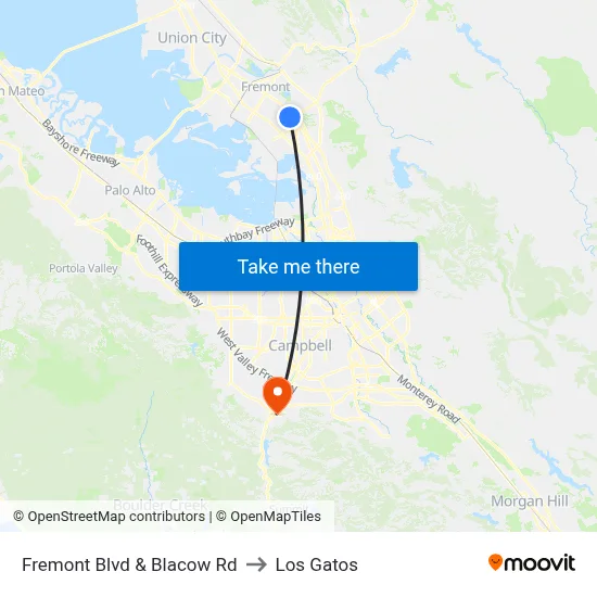 Fremont Blvd & Blacow Rd to Los Gatos map