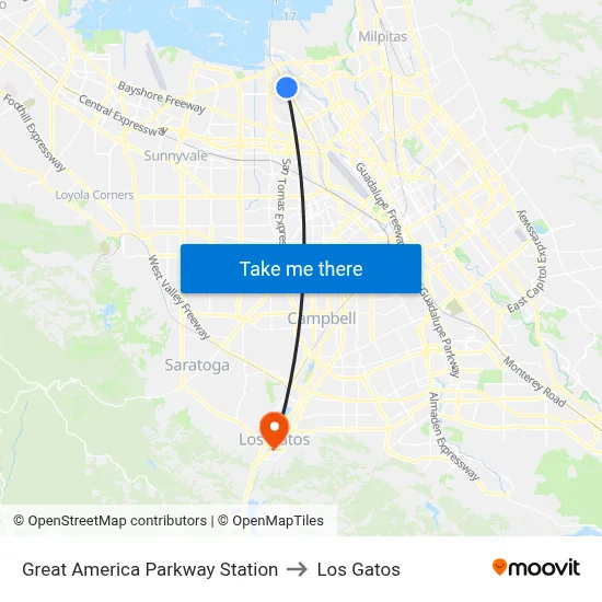 Great America Parkway Station to Los Gatos map