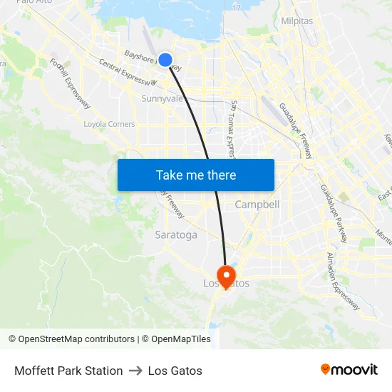 Moffett Park Station to Los Gatos map