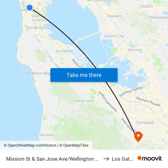 Mission St & San Jose Ave/Wellington Ave to Los Gatos map