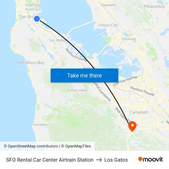 SFO Rental Car Center Airtrain Station to Los Gatos map
