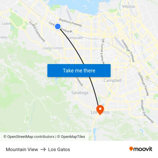 Mountain View to Los Gatos map