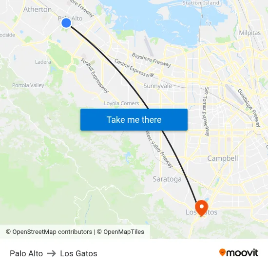 Palo Alto to Los Gatos map