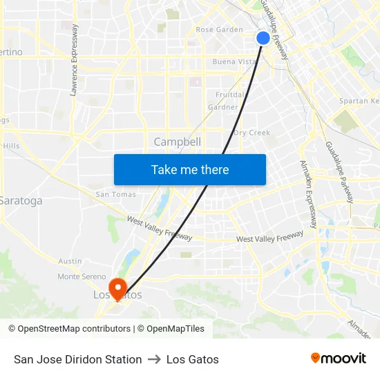 San Jose Diridon Station to Los Gatos map