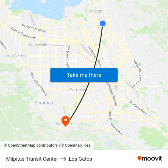 Milpitas Transit Center to Los Gatos map