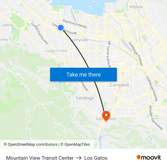Mountain View Transit Center to Los Gatos map