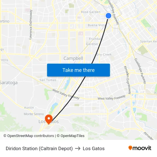 Diridon Station (Caltrain Depot) to Los Gatos map
