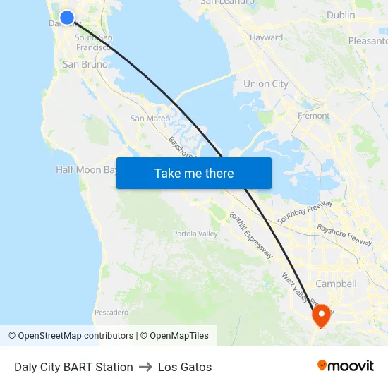 Daly City BART Station to Los Gatos map