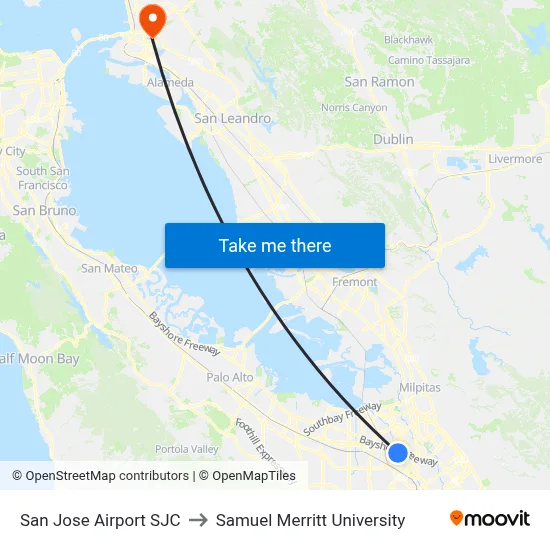 San Jose Airport SJC to Samuel Merritt University map
