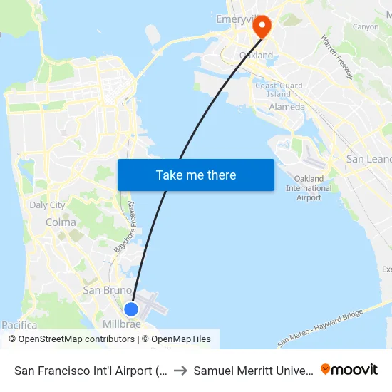 San Francisco Int'l Airport (SFO) to Samuel Merritt University map