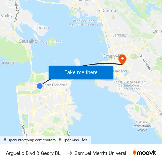 Arguello Blvd & Geary Blvd to Samuel Merritt University map