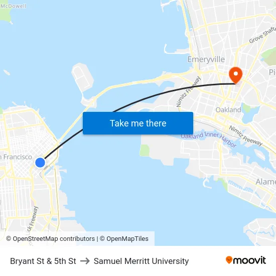 Bryant St & 5th St to Samuel Merritt University map