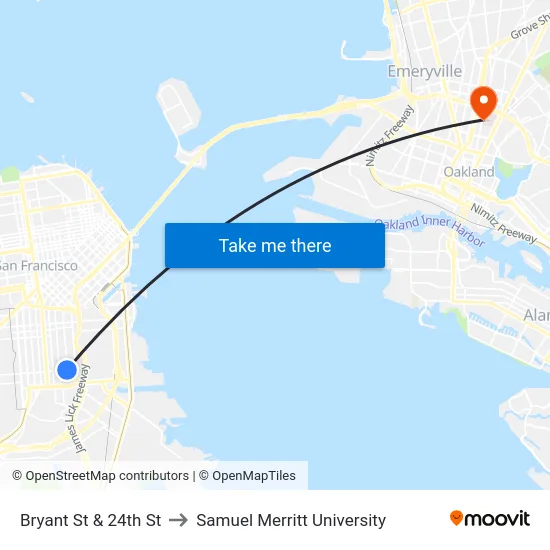 Bryant St & 24th St to Samuel Merritt University map