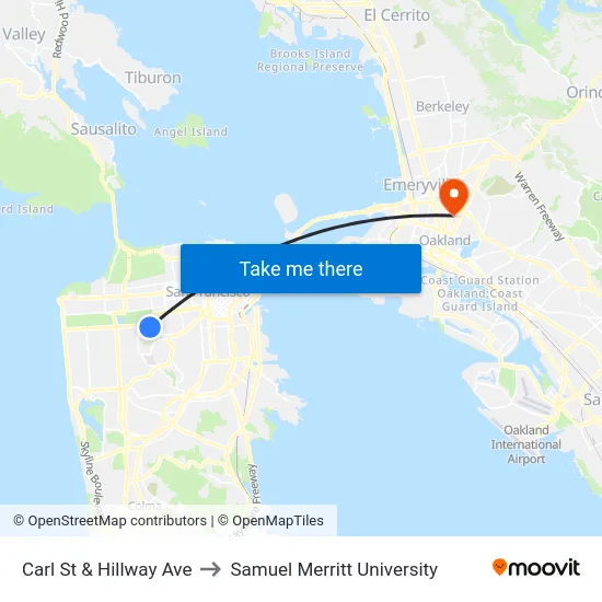 Carl St & Hillway Ave to Samuel Merritt University map