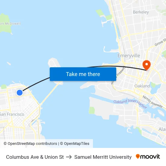 Columbus Ave & Union St to Samuel Merritt University map