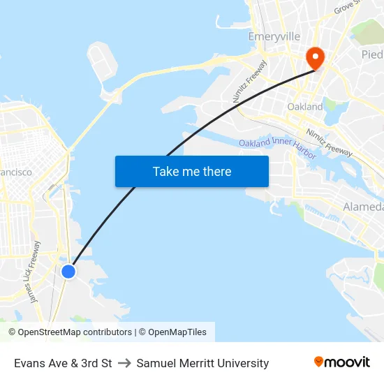 Evans Ave & 3rd St to Samuel Merritt University map