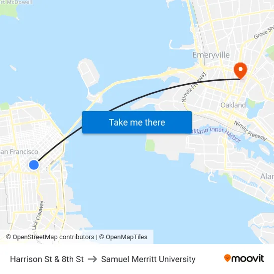 Harrison St & 8th St to Samuel Merritt University map