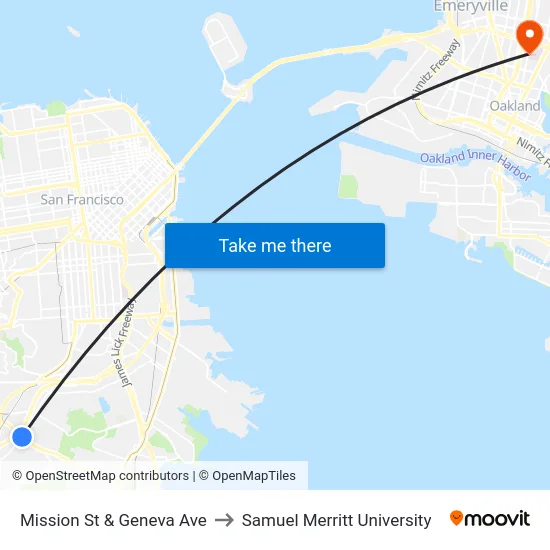 Mission St & Geneva Ave to Samuel Merritt University map