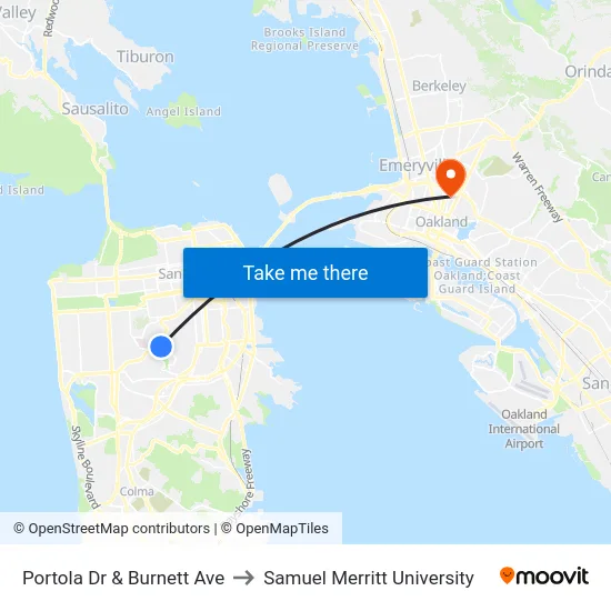 Portola Dr & Burnett Ave to Samuel Merritt University map