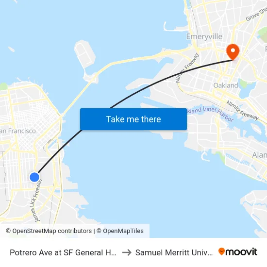 Potrero Ave at SF General Hospital to Samuel Merritt University map