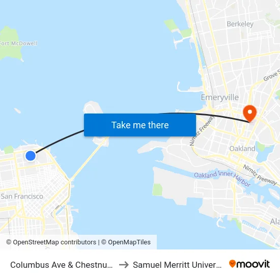 Columbus Ave & Chestnut St to Samuel Merritt University map