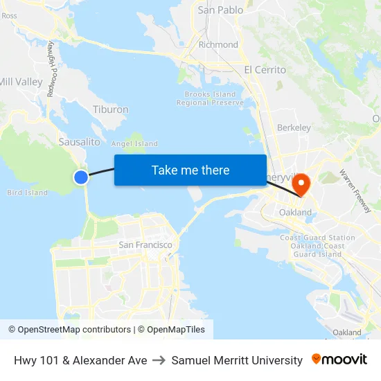 Hwy 101 & Alexander Ave to Samuel Merritt University map