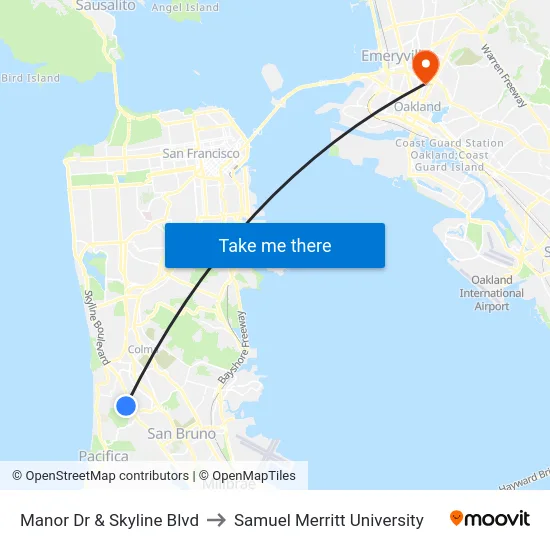 Manor Dr & Skyline Blvd to Samuel Merritt University map