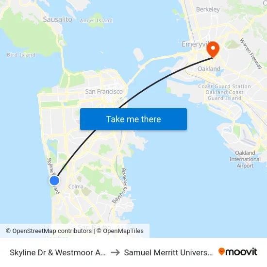 Skyline Dr & Westmoor Ave to Samuel Merritt University map