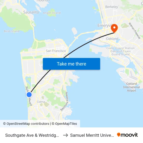 Southgate Ave & Westridge Ave to Samuel Merritt University map