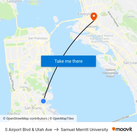 S Airport Blvd & Utah Ave to Samuel Merritt University map