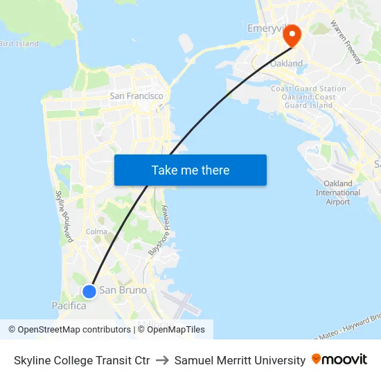 Skyline College Transit Ctr to Samuel Merritt University map