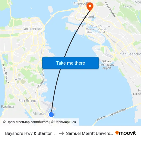 Bayshore Hwy & Stanton Rd to Samuel Merritt University map