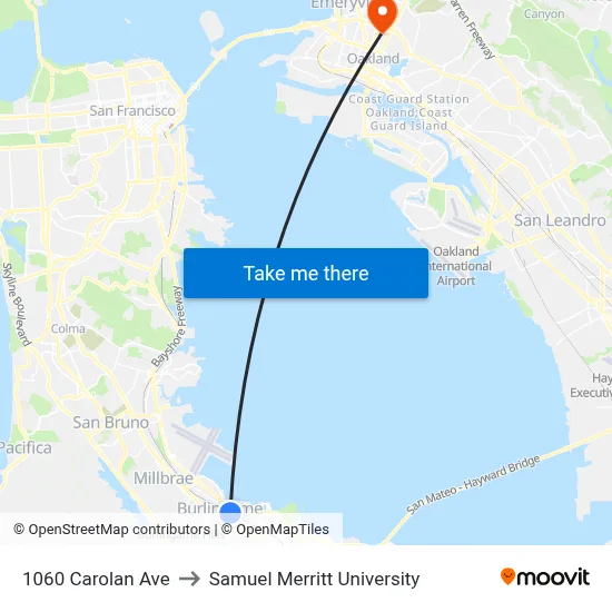 1060 Carolan Ave to Samuel Merritt University map