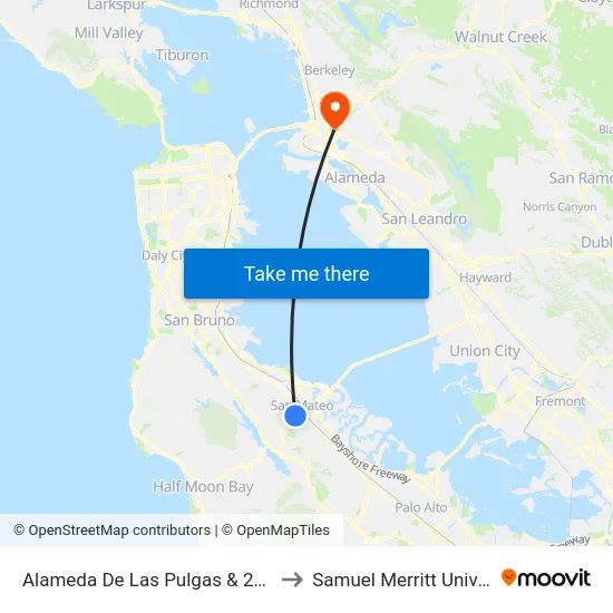 Alameda De Las Pulgas & 26th Ave to Samuel Merritt University map