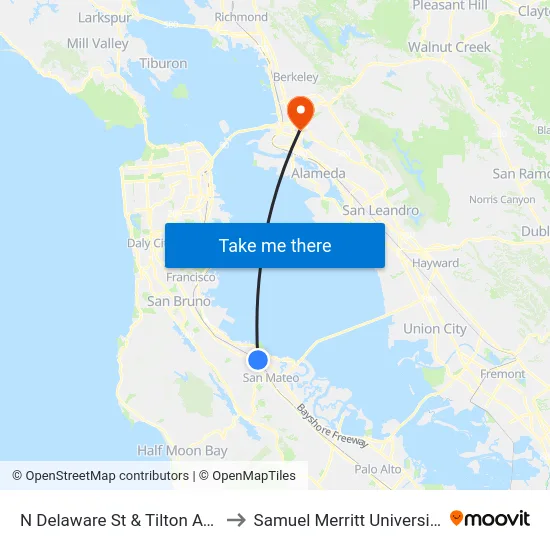 N Delaware St & Tilton Ave to Samuel Merritt University map