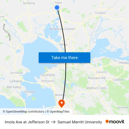 Imola Ave at Jefferson St to Samuel Merritt University map
