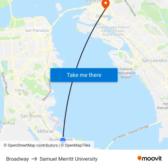 Broadway to Samuel Merritt University map