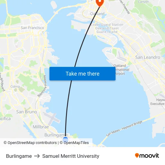Burlingame to Samuel Merritt University map