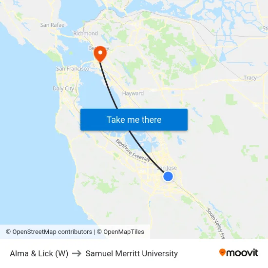Alma & Lick (W) to Samuel Merritt University map