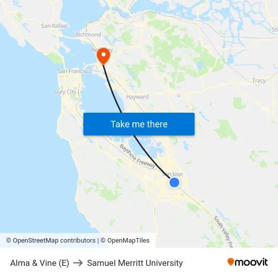 Alma & Vine (E) to Samuel Merritt University map